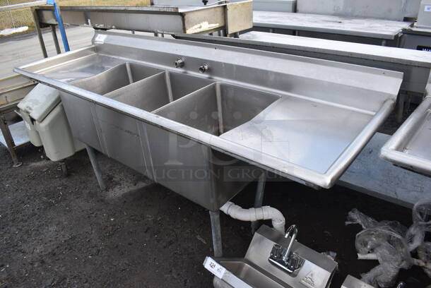 Stainless Steel Commercial 3 Bay Sink w/ Dual Drain Boards. 86.5x26.5x40. Bays 16x20x14. Drain Boards 18x23x2.5
