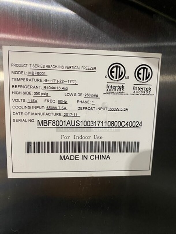 LATE MODEL! 2017 Atosa Commercial Single Door Reach-In Freezer! With Poly Coated Racks! Solid Stainless Steel! On Casters! Model: MBF8001 SN: MBF8001AUS100317110800C40024 115V 60HZ 1 Phase - Image 8 of 11