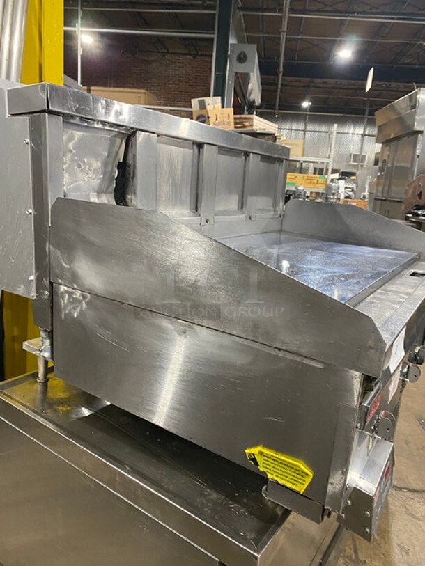 Lang Commercial Countertop Natural Gas Powered Mirror Shine Flat Top Griddle! With Thermostatic Controls! Built In Hood! With Back And Side Splashes! All Stainless Steel! On Legs!  - Image 2 of 9