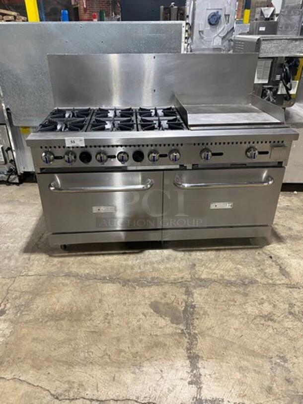 Patriot Commercial Natural Gas Powered 6 Burner Stove With Flat Griddle! Flat Griddle Has Side Splashes! With Raised Back Splash! With 2 Oven Underneath! Metal Oven Racks! All Stainless Steel! On Casters!
