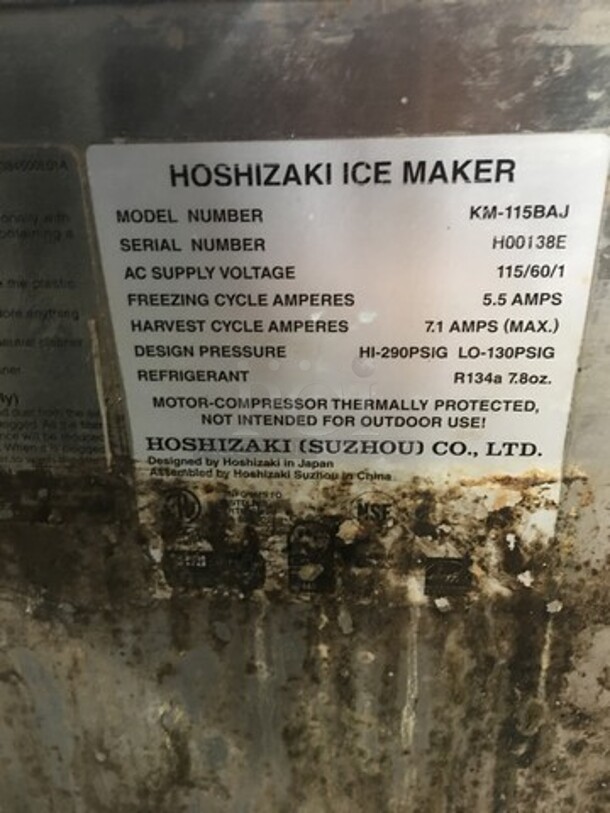 LATE MODEL! 2018 Hoshizaki Commercial Undercounter Ice Maker Machine! On Legs! WORKING WHEN REMOVED! Model: KM115BAJ SN: H00138E 115V 60HZ 1 Phase - Image 8 of 10