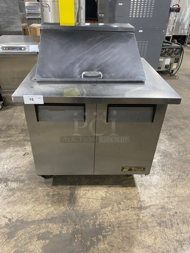 True Commercial Refrigerated Sandwich Prep Table! With 2 Door Underneath Storage Space! With Poly Coated Racks! All Stainless Steel! On Casters! Model: TSSU3612MB SN: 13742163 115V 1 Phase