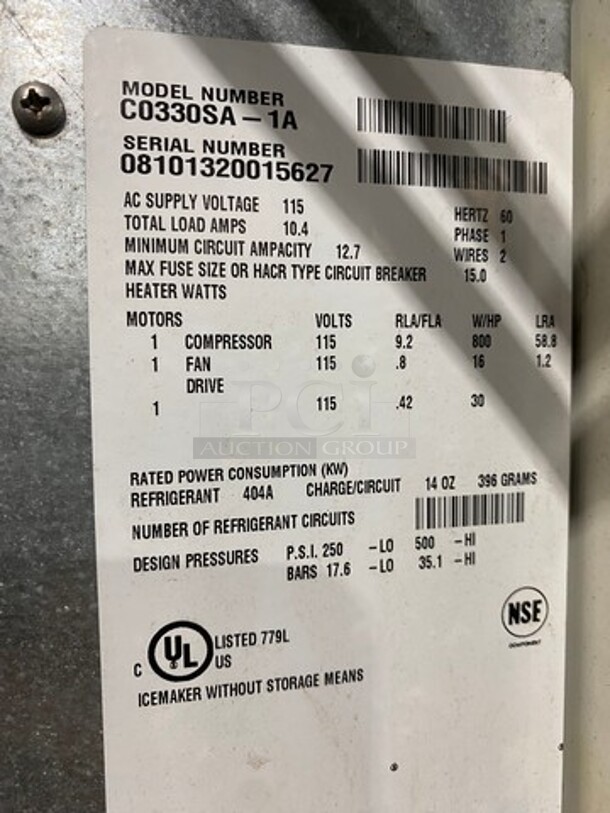 Scotsman Commercial Ice Maker Machine! With Commercial Ice Bin! All Stainless Steel! On Legs! Model: C0330SA1A SN: 08101320015627 115V 60HZ 1 Phase - Image 5 of 9
