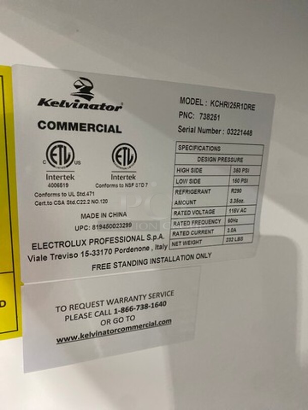 NEVER USED! SCRATCH-N-DENT! Kelvinator Commercial Single Door Reach In Cooler! Poly Coated Racks! All Stainless Steel! On Casters! Model: KCHRI25R1DRE SN: 03221448 115V - Image 6 of 7