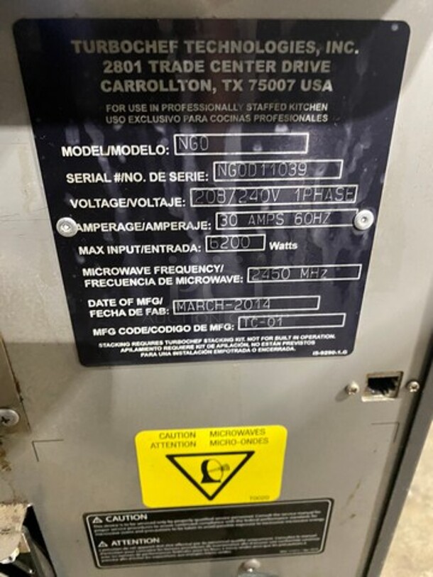 2014 Turbo Chef Commercial Countertop Rapid Cook Oven! On Small Legs! Model: NGO SN: NGOD11039 208/240V 60HZ 1 Phase - Image 5 of 8