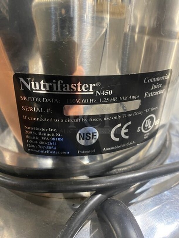 Nutrifaster Commercial Countertop Juicer Extractor! Solid Stainless Steel! Model: N450 SN: 459122012 110V - Image 7 of 8