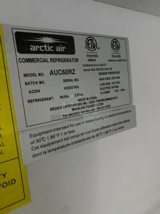 Artic Air Commercial 2 Door Lowboy/Worktop Cooler! With Poly Coated Racks! All Stainless Steel! On Casters! Model: AUC60RZ SN: H22037902 115V 60HZ 1 Phase - Image 7 of 8