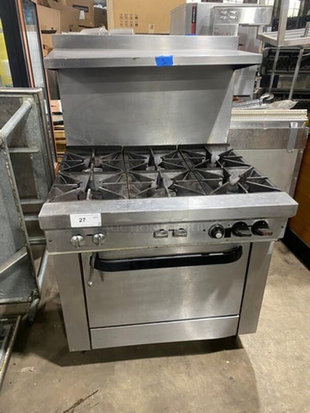 Commercial Natural Gas Powered 6 Burner Stove! With Raised Back Splash And Salamander Shelf! With Oven Underneath! All Stainless Steel! On Legs!