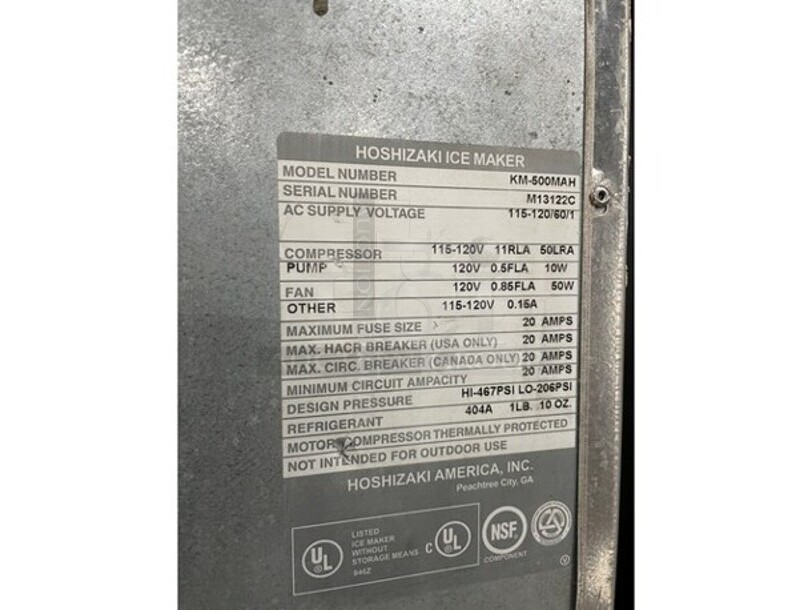 Hoshizaki Commercial AIR COOLED 500LBS Ice Making Machine! On Ice Bin! All Stainless Steel! Model KM500MAH Serial M13122C! 115/120V 1Phase! On Legs! - Image 6 of 8