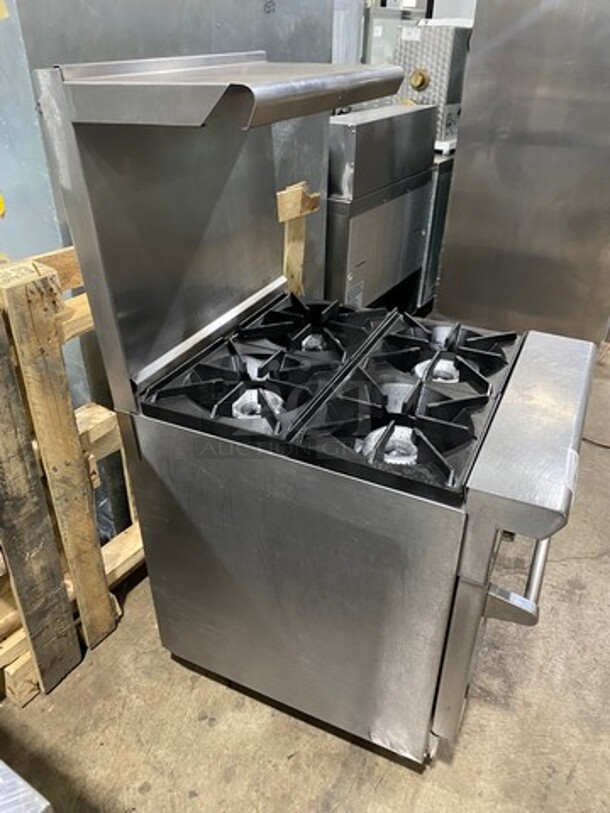 American Range Commercial Natural Gas Powered 4 Burner Stove! With Raised Back Splash And Salamander Shelf! With Oven Underneath! All Stainless Steel! On Legs! - Image 2 of 9