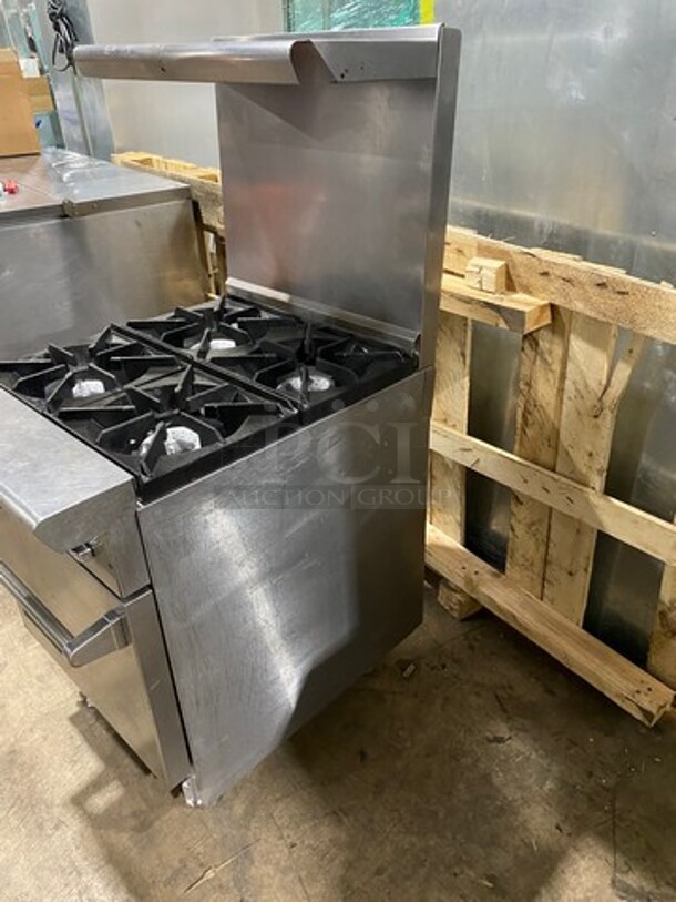 American Range Commercial Natural Gas Powered 4 Burner Stove! With Raised Back Splash And Salamander Shelf! With Oven Underneath! All Stainless Steel! On Legs! - Image 3 of 9