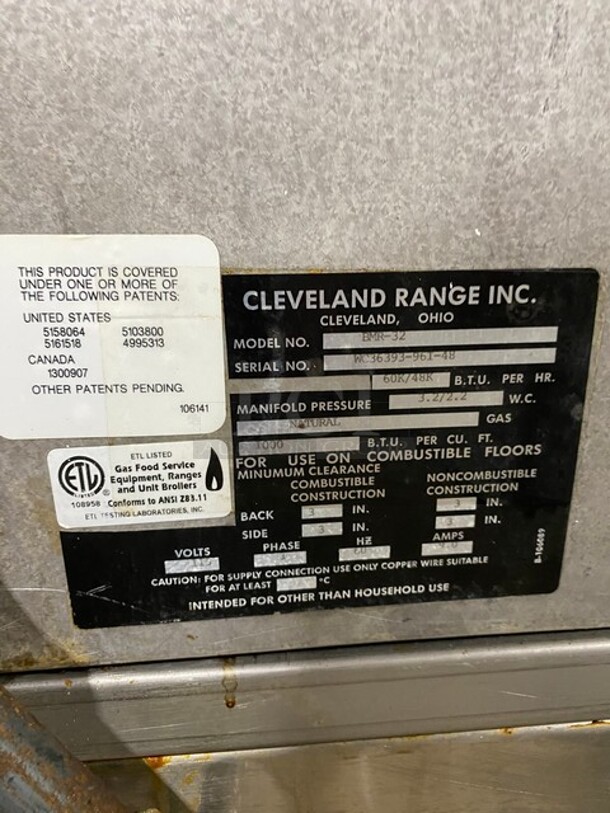 NICE! Cleveland Commercial Natural Gas Powered Rotisserie Convection Oven! All Stainless Steel! Working When Removed! Model: BMR32 SN: WC3639396I48 115V 1PH  - Image 8 of 9