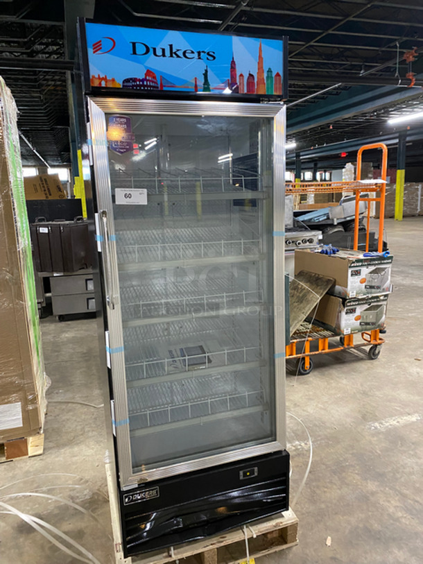 SCRATCH & DENT! Dukers Commercial Single Door Reach In Refrigerator Merchandiser! With View Through Door! With Poly Coated Drink Racks! Powers On, Doesn't Go Down To Temp! Model: DSM15R 115V 60HZ 1 Phase