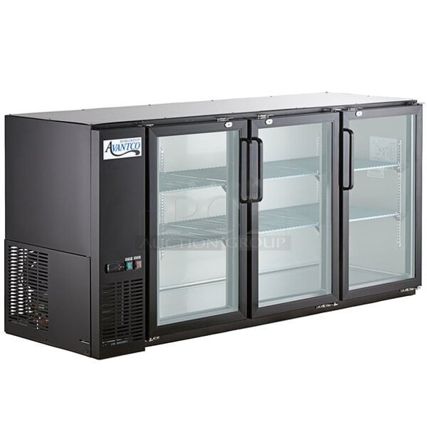 BRND NEW SCRATCH & DENT! Avantco UBB-72-GT-G 73" Black Underbar Height Narrow Glass Door Back Bar Refrigerator with Galvanized Top and LED Lighting 72 3/4 x 24 7/16 x 34 1/4. Outer layer of glass is broken on left door. 115 Volts 3.5 Amps 1 Phase 60 Hertz. S/N: 228797658. WORKING prior to cord being damaged! - Image 1 of 8