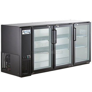 BRND NEW SCRATCH & DENT! Avantco UBB-72-GT-G 73" Black Underbar Height Narrow Glass Door Back Bar Refrigerator with Galvanized Top and LED Lighting 72 3/4 x 24 7/16 x 34 1/4. Outer layer of glass is broken on left door. 115 Volts 3.5 Amps 1 Phase 60 Hertz. S/N: 228797658. WORKING prior to cord being damaged!