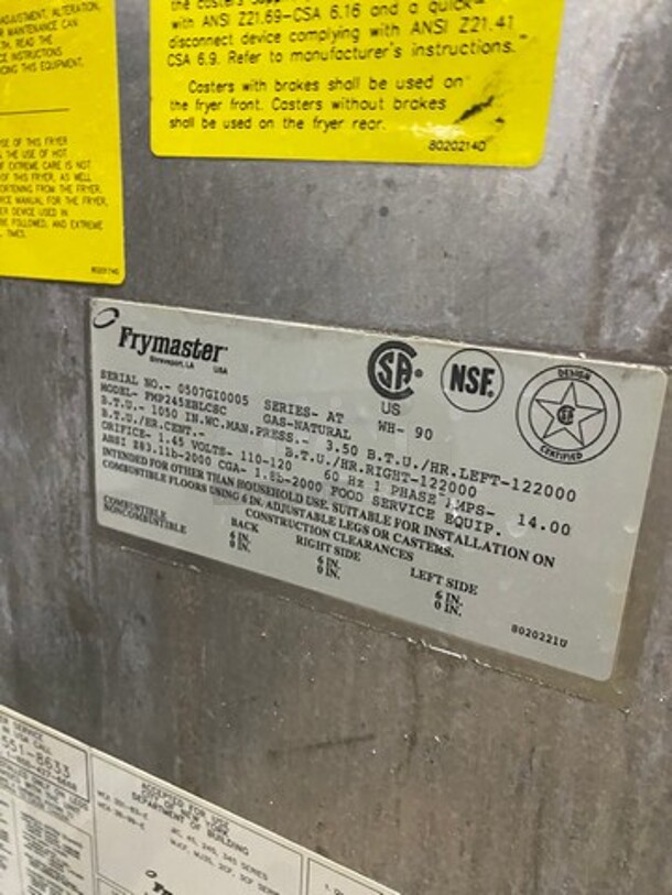 Frymaster Commercial Natural Gas Powered 2 Bay Deep Fat Fryer! With Side Dumping Station! With Back Splash! All Stainless Steel! On Casters! Model: FMP245EBLCSC SN: 0507GI0005 - Image 9 of 12