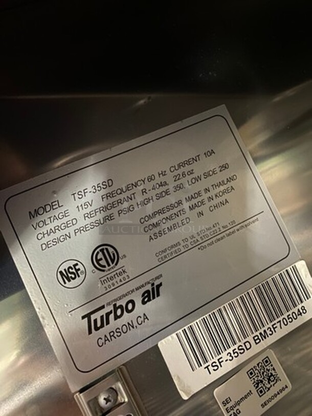 Turbo Air Commercial 2 Door Reach-In Freezer! With Racks! All Stainless Steel! On Casters! Deluxe Series Model: TSF35SD SN: BM3F705048 115V - Image 8 of 11