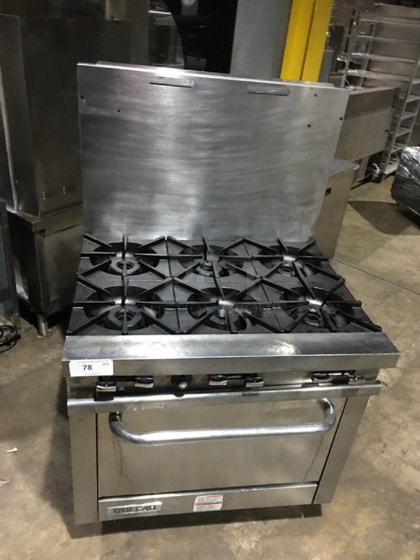 SWEET! Vulcan Natural Gas Powered 6 Burner Range! With Full Size Oven Underneath! With Raised Backsplash! all Stainless Steel! On Legs! Model: V36