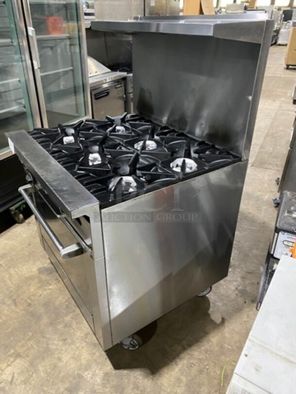 Sunfire Commercial Natural Gas Powered 6 Burner Stove! With Raised Back Splash And Salamander Shelf! With Oven Underneath! All Stainless Steel! On Casters! - Image 2 of 9