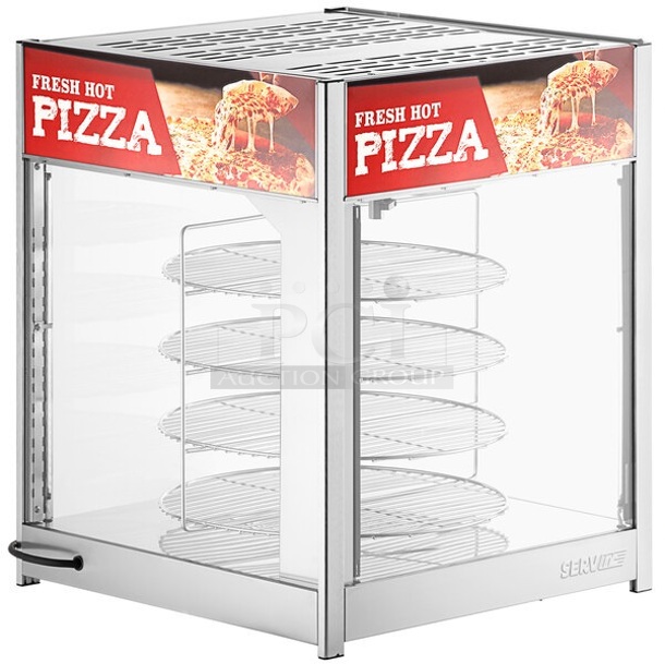 BRAND NEW SCRATCH AND DENT! ServIt 423PDW18D1 Stainless Steel Commercial Countertop Full-Service Pizza Warmer with 4-Shelf Rotating Rack. 120 Volts, 1 Phase. Tested and Working!