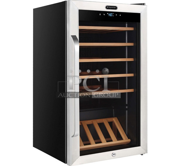 	BRAND NEW SCRATCH AND DENT! Whynter FWC-341TS Metal 34 Bottle Freestanding Wine Cooler Merchandiser w/ Display Shelf and Digital Control. 115 Volts, 1 Phase. Tested and Working! - Image 1 of 7