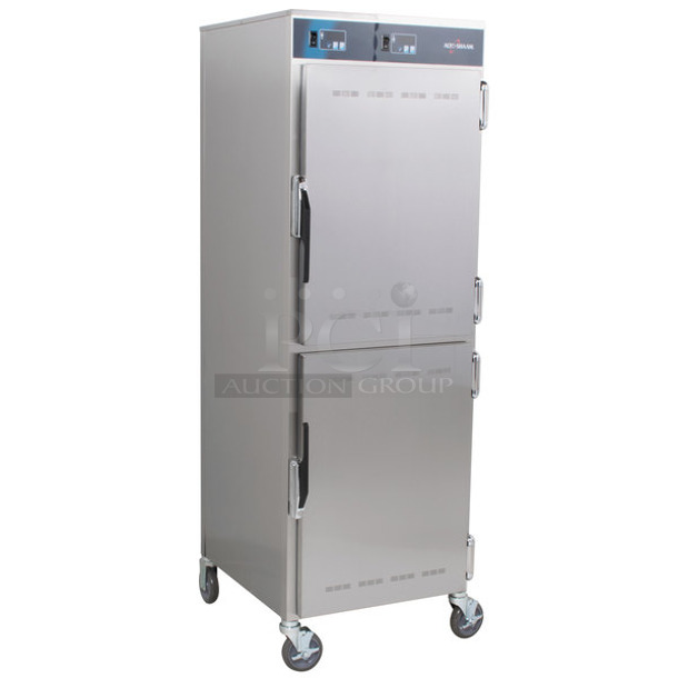 BRAND NEW SCRATCH AND DENT! 2023 Alto Shaam 1200-UP Stainless Steel Commercial Electric Powered Mobile 16 Pan Dutch Door Holding Cabinet with Universal Racks on Commercial Casters. 120 Volts, 1 Phase. Tested and Working!