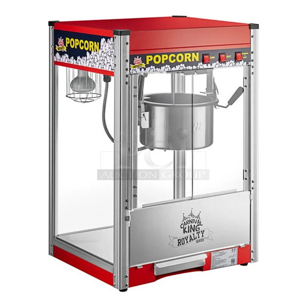 BRAND NEW SCRATCH AND DENT! 2023 Carnival King 382PM50NR Stainless Steel Royalty Series 12 oz. Red Commercial Popcorn Machine / Popper. 110 Volts, 1 Phase. Tested and Working!