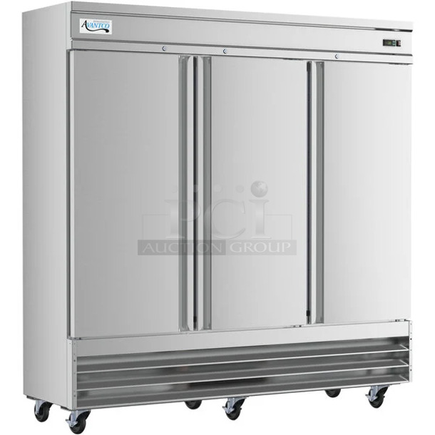 BRAND NEW SCRATCH AND DENT! 2023 Avantco 178SS3FHC Stainless Steel Commercial 3 Door Reach In Freezer w/ Poly Coated Racks on Commercial Casters. 115 Volts, 1 Phase.  Tested and Working!