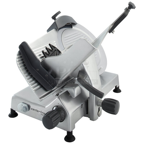 BRAND NEW SCRATCH AND DENT! Hobart Centerline EDGE13-11 Stainless Steel Commercial Countertop Meat Slicer w/ Blade Sharpener. Pusher and Top Piece Broken. 115 Volts, 1 Phase. Tested and Powers On But Parts Do Not Move - Item #1112359
