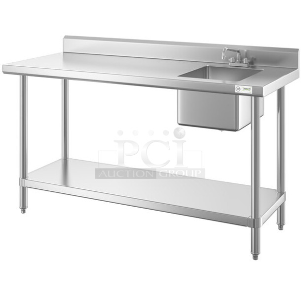 BRAND NEW SCRATCH AND DENT! Regency 600ST3072R Stainless Steel 30" x 72" 16 Gauge Stainless Steel Work Table with Sink. Comes w/ Regency 600FD412 Deck-Mounted Faucet with 4" Centers and 12" Swing Spout. No Under Shelf or Legs.  - Image 1 of 7