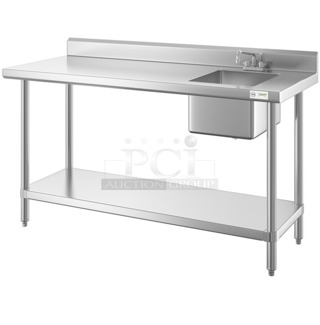 BRAND NEW SCRATCH AND DENT! Regency 600ST3072R Stainless Steel 30" x 72" 16 Gauge Stainless Steel Work Table with Sink. Comes w/ Regency 600FD412 Deck-Mounted Faucet with 4" Centers and 12" Swing Spout. No Under Shelf or Legs. 