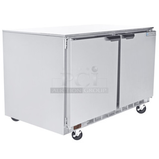 BRAND NEW! Beverage Air UCF48AHC Stainless Steel Commercial 2 Door Undercounter Freezer w/ Commercial Casters. 115 Volts, 1 Phase. Tested and Working!