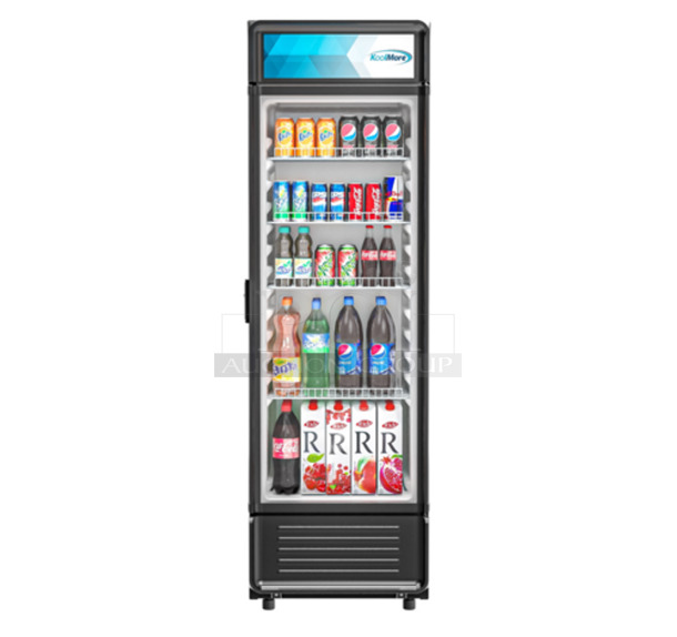 BRAND NEW SCRATCH AND DENT! KoolMore MDR-9CP Stainless Steel Commercial Single Door Reach In Cooler Merchandiser. See Pictures For Damage To Top Panel. 115 Volts, 1 Phase. Tested and Working! - Image 1 of 5