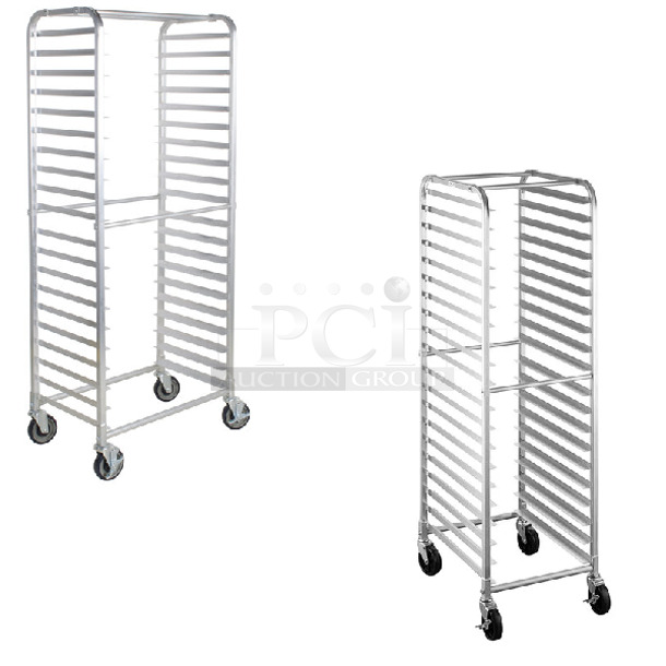 2 BRAND NEW SCRATCH AND DENT! Items; Regency 109APR1826L 20 Pan Side Load Bun / Sheet Pan Rack - Unassembled and Steelton 109RACKECON 20 Pan End Load Bun / Sheet Pan Rack - Unassembled. 2 Times Your Bid! May Be Missing Pieces.  - Image 1 of 4