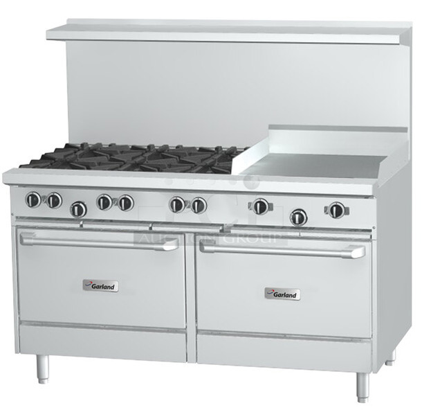 BRAND NEW SCRATCH AND DENT! 2022 Garland G60-6G24CC Stainless Steel Commercial Propane Gas 6 Burner 60" Range with 24" Griddle, Over Shelf, Back Splash and 2 Convection Ovens. 310,000 BTU.  - Image 1 of 12