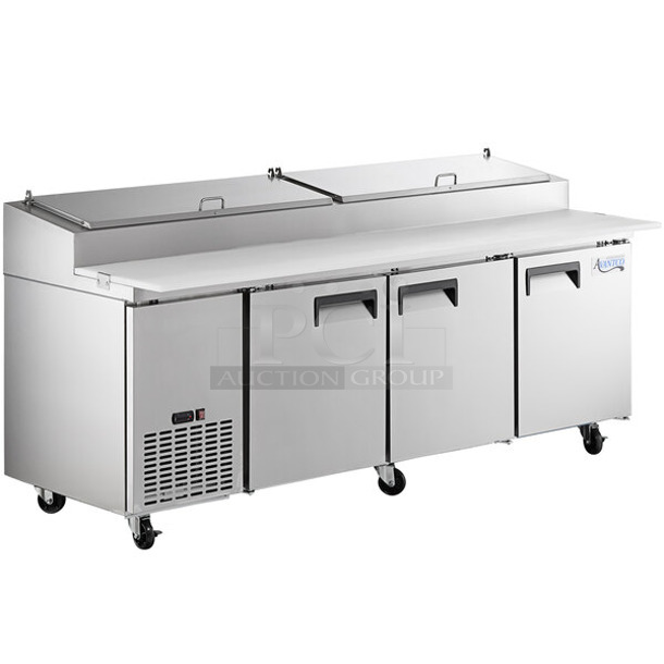 BRAND NEW SCRATCH AND DENT! 2023 Avantco 178APPT91HC Stainless Steel Commercial Pizza Prep Table. Comes w/ Commercial Casters. 115 Volts, 1 Phase. Tested and Does Not Power On - Image 1 of 9