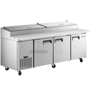 BRAND NEW SCRATCH AND DENT! 2023 Avantco 178APPT91HC Stainless Steel Commercial Pizza Prep Table. Comes w/ Commercial Casters. 115 Volts, 1 Phase. Tested and Does Not Power On