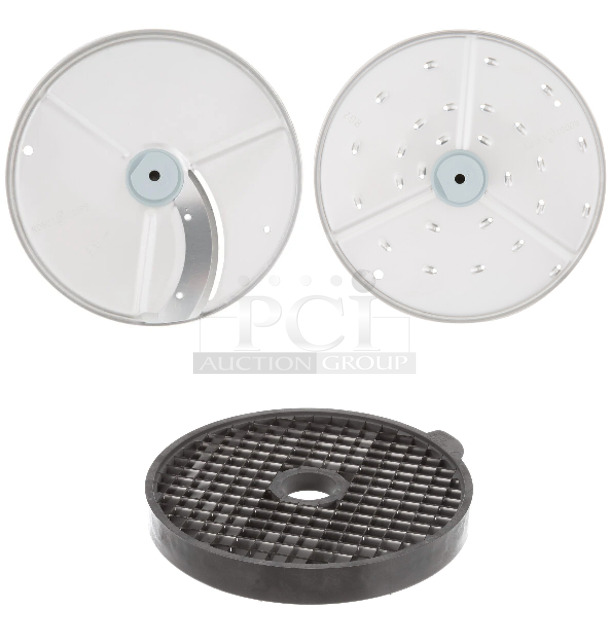3 BRAND NEW SCRATCH AND DENT! Robot Coupe Food Processor Blades Including  27566 5/32" Slicing Disc, 27577 5/64" Grating / Shredding Disc, 28167 Dicing Grid, 12X12. 3 Times Your Bid!  - Image 1 of 5