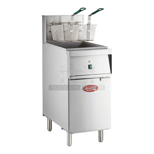 BRAND NEW SCRATCH AND DENT! 2023 Avantco 177EF40D Stainless Steel Commercial 40 lb. Electric Floor Fryer - 240 Volts, 1 Phase.  - Image 1 of 11