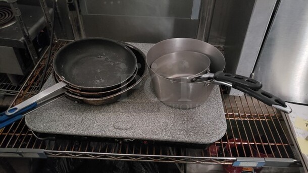 Lot of 2 Sauce Pans and 3 Frying Pans