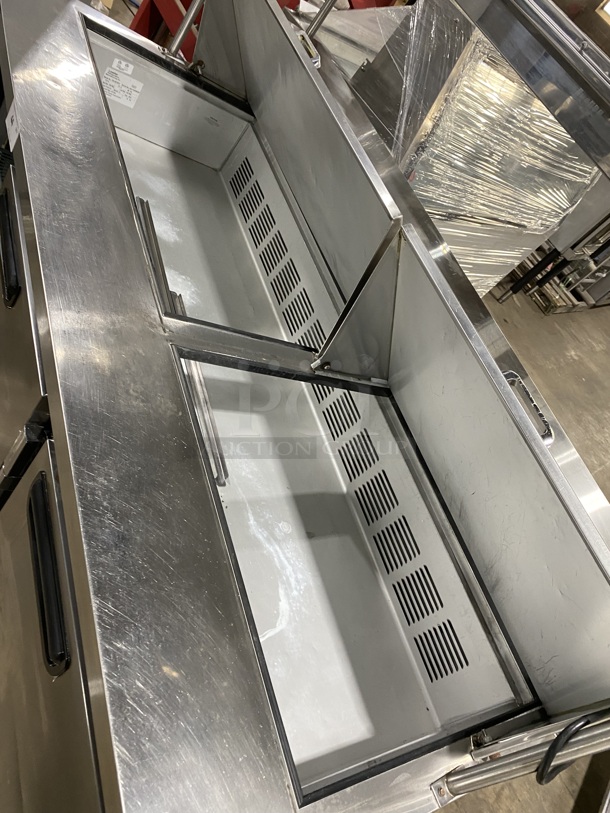 NICE! LEADER All Stainless Steel 3 Door Sandwich/Salad Prep Table Refrigerator! W/ Stainless Steel Top Shelf And Poly Coated Racks!  Shelf!  On Casters!  Model ESLM72S/C Serial NQ11M0903N 115V/60Hz/ - Image 7 of 10