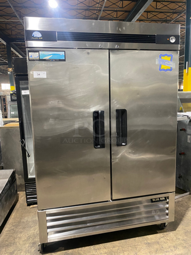 Blue Air Commercial 2 Door Reach In Refrigerator! With Poly Coated Racks! All Stainless Steel! On Casters! Model: BASR2 SN: LTR203040054! Not Tested!  115V 60HZ 1 Phase