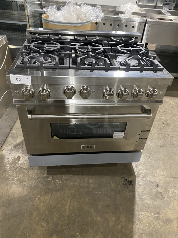 2019 AMAZING! ZLINE Gas Powered 6 Burner Stove! With Oven Underneath! Stainless Steel! On Legs! MODEL RG36 SN:RG36GE21060120-02 120V/60Hz - Image 1 of 11