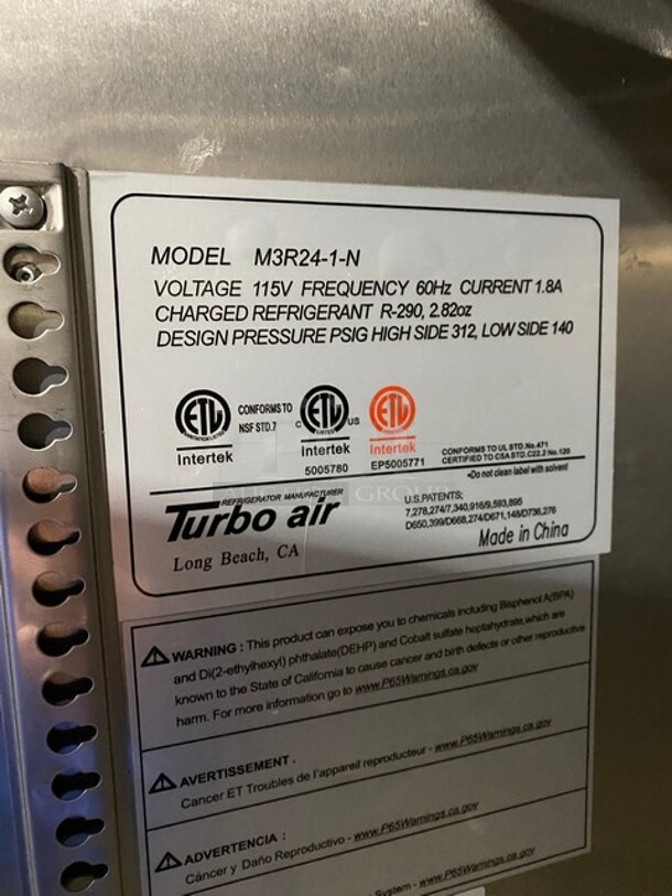 Turbo Air Commercial Single Door Reach In Refrigerator! With Poly Coated Racks! All Stainless Steel! On Casters! Model: M3R241 115V - Image 7 of 8