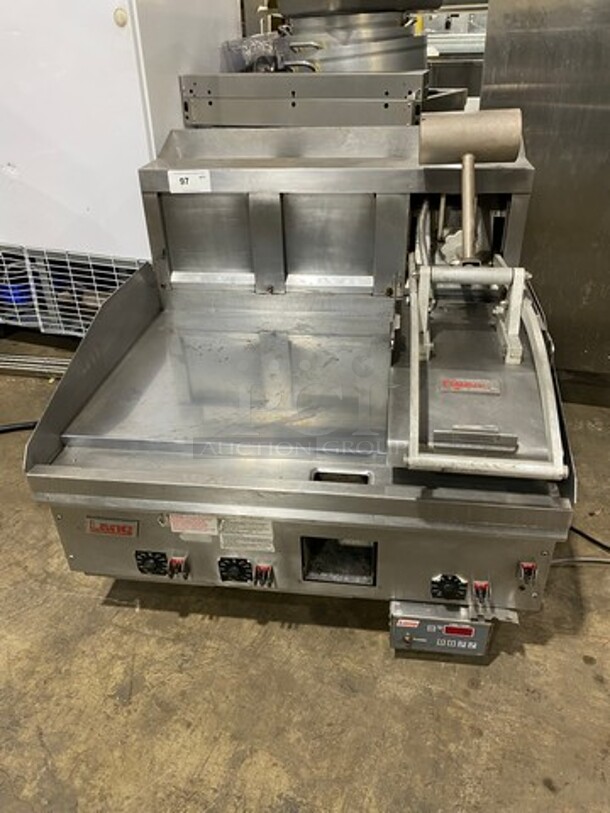 Lang Commercial Countertop Natural Gas Powered Flat Top Griddle with Clamshell Flat Hood Press! With Thermostatic Controls! Built In Hood! With Back and Side Splashes! All Stainless Steel! Model: COSS123-238 SN: CCSE 120118A0003 - Image 1 of 12