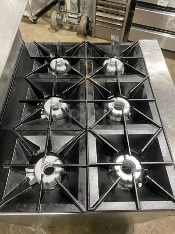 Wolf Commercial Natural Gas Powered 6 Burner Stove! With Raised Back Splash And Salamander Shelf! With Oven Underneath! All Stainless Steel! On Legs! - Image 5 of 10
