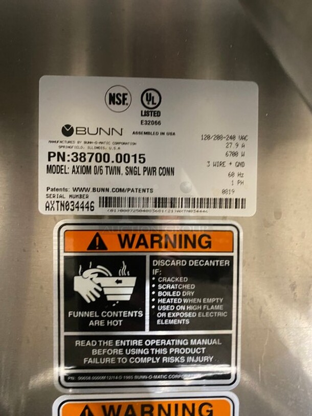 Bunn Stainless Steel Commercial Countertop Coffee Brewer! With 6 Warmers! On Legs! 120/208-240V 1 Phase! Model: AXIOM 0/6 TWIN SN: AXTN034446! - Image 8 of 9