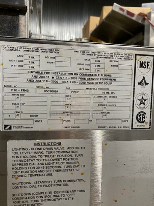 Southbend Commercial LP Powered Deep Fat Fryer! With Raised Back Splash! 2 Metal Frying Baskets! All Stainless Steel! On Legs! Model: P16FR45 SN: 05C90664 - Image 8 of 9