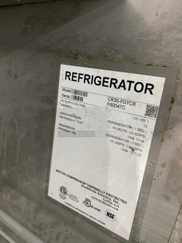 COOL! Hoshizaki Commercial 3 Door Reach In Cooler Merchandiser! With View Through Doors! Poly Coated Racks! All Stainless Steel Body! WORKING WHEN REMOVED! Model: CR3SFGYCR SN: F60047C 115V 60HZ 1 Phase - Image 8 of 9