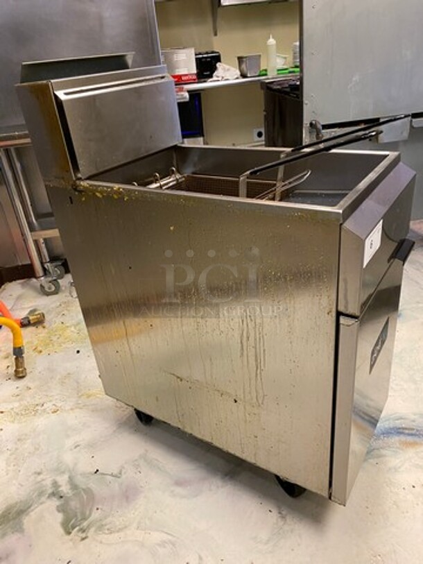 LATE MODEL! 2022 Asber Commercial Natural Gas Powered Deep Fat Fryer! With Metal Frying Baskets! With Backsplash! All Stainless Steel! On Casters! WORKING WHEN REMOVED! Model: AEF4050 SN: 8102144475 - Image 2 of 8